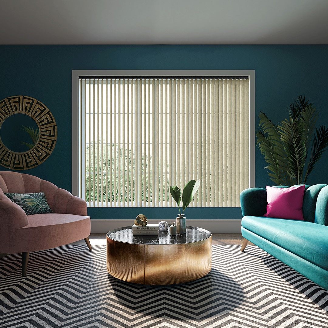 Cream made-to-measure vertical blinds fitted to a large living room window