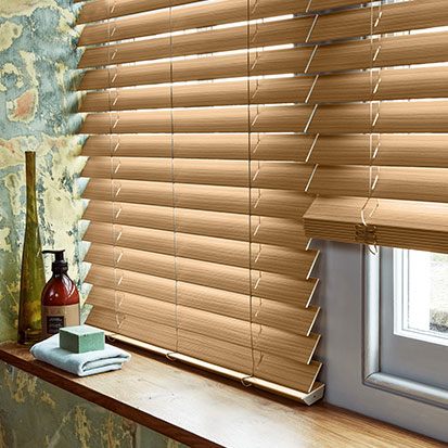 Close up of wooden venetian blind slats